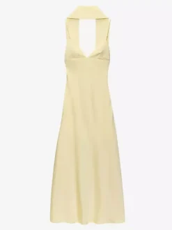 Creamy White Halter Neck Satin Maxi Dress For Women Elegant Formal Style