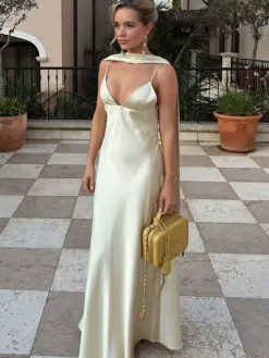 Creamy White Halter Neck Satin Maxi Dress For Women Elegant Formal Style