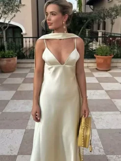 Creamy White Halter Neck Satin Maxi Dress For Women Elegant Formal Style