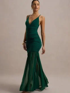 Creamy White V Neck Ruched Sheer Maxi Gown For Women Elegant Formal Style