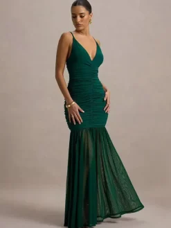 Creamy White V Neck Ruched Sheer Maxi Gown For Women Elegant Formal Style
