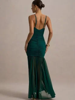 Creamy White V Neck Ruched Sheer Maxi Gown For Women Elegant Formal Style