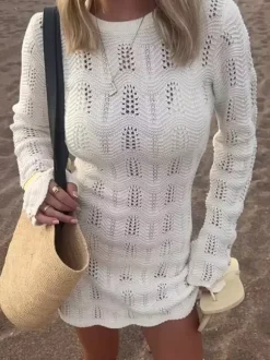 Crochet Knit Beach Mini Dress For Women - White Hollow Out Long Sleeve Pointelle Bodycon Cover Up - Summer Beach Vacation 2026