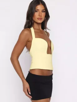Crop Cami Tank Top Heart Plunge Halter Tie Back Slim Crop Cami Streetwear Top