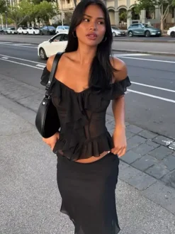 Crop Top Off-the-Shoulder Ruffle Sheer Mesh Peplum Top