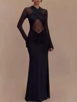 Cross Front Mesh Long Sleeve Cutout Ruched Maxi Bodycon Dress For Women 2026