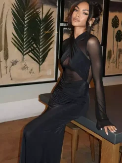 Cross Front Mesh Long Sleeve Cutout Ruched Maxi Bodycon Dress For Women 2026