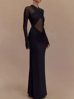 Cross Front Mesh Long Sleeve Cutout Ruched Maxi Bodycon Dress For Women 2026