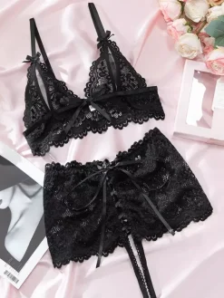 Crotchless Cupless Lingerie Lace Black Floral Front Tie 2-Piece Bra Panty Sets