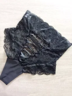 Crotchless Lingerie Black Sexy Panties Lace Up Women High Waist Underwear