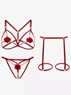 Crotchless Lingerie Bra Panty Sets Red Flowers 3-Piece Open Cup Sexy Lingerie