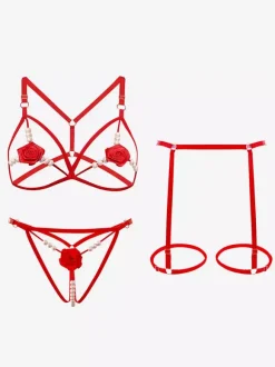 Crotchless Lingerie Bra Panty Sets Red Flowers 3-Piece Open Cup Sexy Lingerie