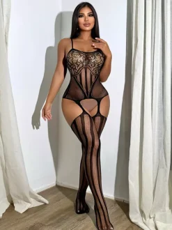 Crotchless Lingerie Hosiery Bodystockings Red Nylon Striped Jacquard Bodysuit