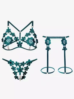 Crotchless Lingerie Open Cup Bra Panty Sets White Studded 3-Piece Lace Flower Sexy Lingerie