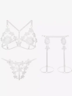 Crotchless Lingerie Open Cup Bra Panty Sets White Studded 3-Piece Lace Flower Sexy Lingerie