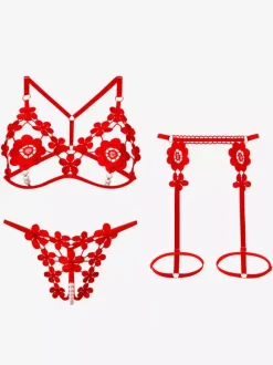 Crotchless Lingerie Open Cup Bra Panty Sets White Studded 3-Piece Lace Flower Sexy Lingerie