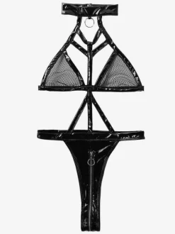 Crotchless Lingerie Teddies Lingerie Black Metal Details Backless PU Leather Teddies For Women