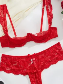 Crotchless Cupless 2-Piece Lingerie Bows Red Bra Panty Sets