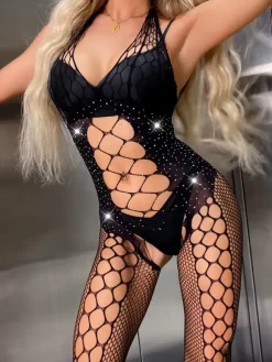 Crotchless Lingerie Hosiery Fishnet Mesh Bodystockings Black Cut Out Nylon 1 Piece Lingerie