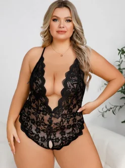 Crotchless Lingerie Plus Size Teddies Lingerie Black Lace Crotchless Women Sexy Teddies
