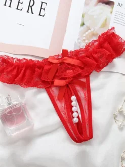 Crotchless Lingerie Women Panties Women Lace Bows Pearls Cutout T Back Sexy Lingerie