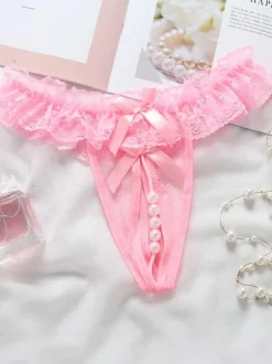 Crotchless Lingerie Women Panties Women Lace Bows Pearls Cutout T Back Sexy Lingerie