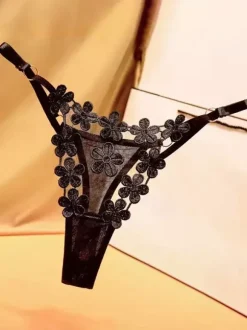 Crotchless Thong Lace Dating Black Floral Embroidery Woman's Lingerie Panties
