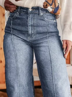 Cuffed Wide Leg Jeans For Women - Blue Western Boho Seam Front High Waist Straight Denim - Spring Casual Cowgirl Streetwear 2026