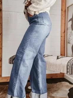 Cuffed Wide Leg Jeans For Women - Blue Western Boho Seam Front High Waist Straight Denim - Spring Casual Cowgirl Streetwear 2026
