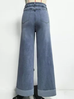 Cuffed Wide Leg Jeans For Women - Blue Western Boho Seam Front High Waist Straight Denim - Spring Casual Cowgirl Streetwear 2026