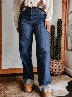 Cuffed Wide Leg Jeans For Women - Blue Western Boho Seam Front High Waist Straight Denim - Spring Casual Cowgirl Streetwear 2026