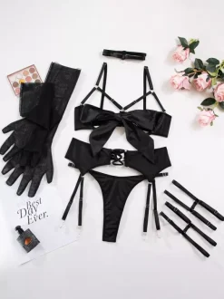 Cupless Lingerie Lace Up Black 3-Piece Bra Panty Sets