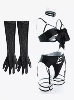 Cupless Lingerie Lace Up Black 3-Piece Bra Panty Sets