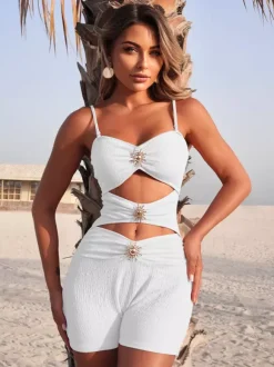 Cut Out One Piece Swimsuit For Women - Textured Ruched High Waist With Sun Buckle Monokini - Summer Beach Resort 2026
