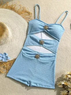 Cut Out One Piece Swimsuit For Women - Textured Ruched High Waist With Sun Buckle Monokini - Summer Beach Resort 2026