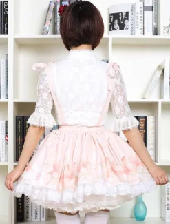Cute Lolita Dress Sweet Pink Flower Printed Qi Lolita Lace Trim Skirt With Suspender