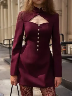 Cutout Long Sleeve Mini Dress For Women - Mock Neck Button Detail Dress - Spring Date Night Party 2026