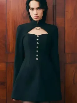 Cutout Long Sleeve Mini Dress For Women - Mock Neck Button Detail Dress - Spring Date Night Party 2026