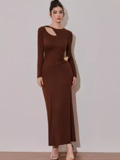 Cutout Side Ruched Maxi Party Dress With Gold Metal Accent For Women 2026