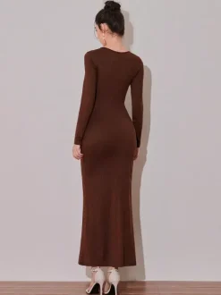Cutout Side Ruched Maxi Party Dress With Gold Metal Accent For Women 2026