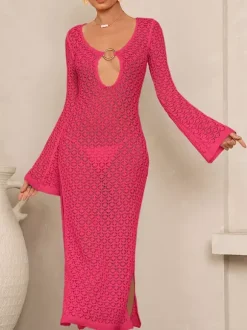 Cutout V-Neck Flare Sleeve Hollow Knit Side Slit Beach Cover Up Maxi Dress