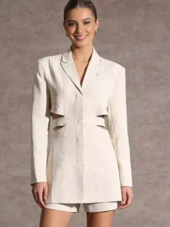 Cut Out Blazer For Women - Beige Elegant Single Button Slim Fit Long Jacket - Spring Office-to-dinner 2026