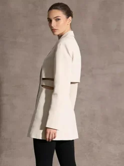 Cut Out Blazer For Women - Beige Elegant Single Button Slim Fit Long Jacket - Spring Office-to-dinner 2026