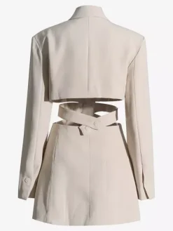 Cut Out Blazer For Women - Beige Elegant Single Button Slim Fit Long Jacket - Spring Office-to-dinner 2026