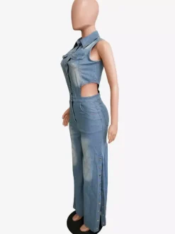 Cut Out Denim Jumpsuit For Women - Light Blue Sexy Side Slit Wide Leg One Piece Romper - Summer Night Clubwear 2026