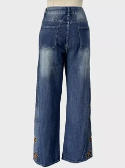 Cutout Flower Wide Leg Jeans For Women - Medium Wash Vintage Distressed Y2K Pants - Spring Festival Streetwear 2026