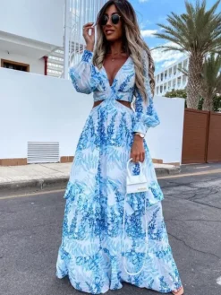 Cutout Leaf Print Maxi Dress for Women - Tropical Lantern Sleeve V Neck Tiered Long Dress - Spring Resort Wear 2026
