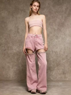 Cutout Rhinestone Pink Jeans For Women - High Waist Wide Leg Y2K Denim Pants - Summer Night Out Streetwear 2026