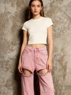 Cutout Rhinestone Pink Jeans For Women - High Waist Wide Leg Y2K Denim Pants - Summer Night Out Streetwear 2026
