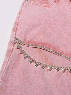 Cutout Rhinestone Pink Jeans For Women - High Waist Wide Leg Y2K Denim Pants - Summer Night Out Streetwear 2026